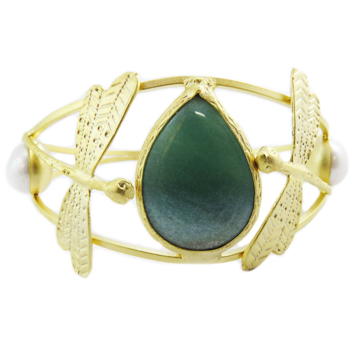 Bracelet artisanal \'Cléopatra\' vert doré (libellules) - 70 mm 35 mm - [Q5609]
