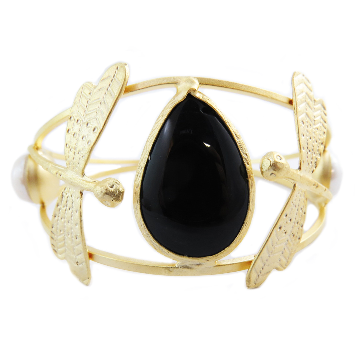 Bracelet artisanal \'Cléopatra\' noir doré (libellules) - 70 mm 35 mm - [Q5610]