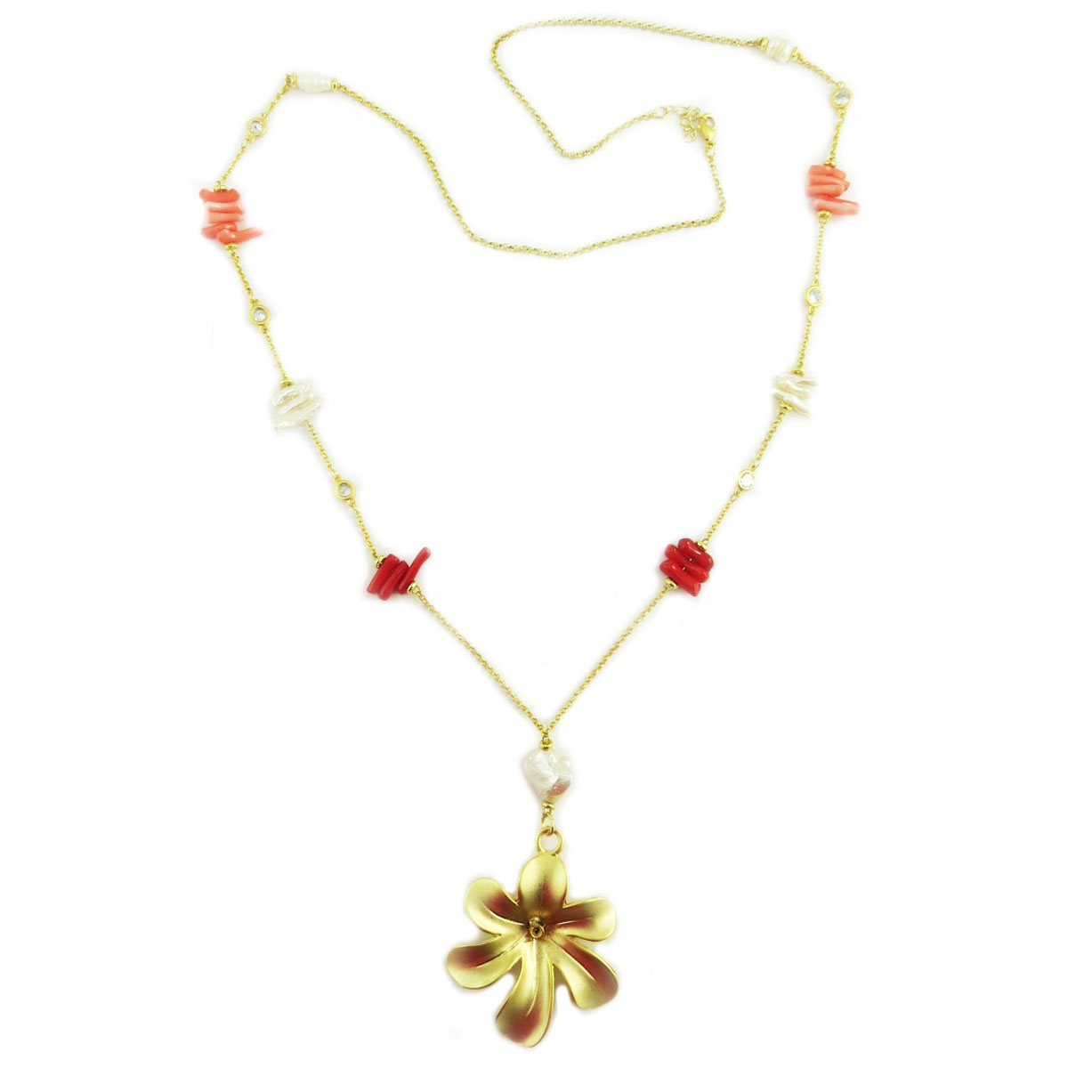 Collier sautoir artisanal \'Cléopatra\' rose rouge doré (fleur) - 90 cm, 5 cm - [Q5614]