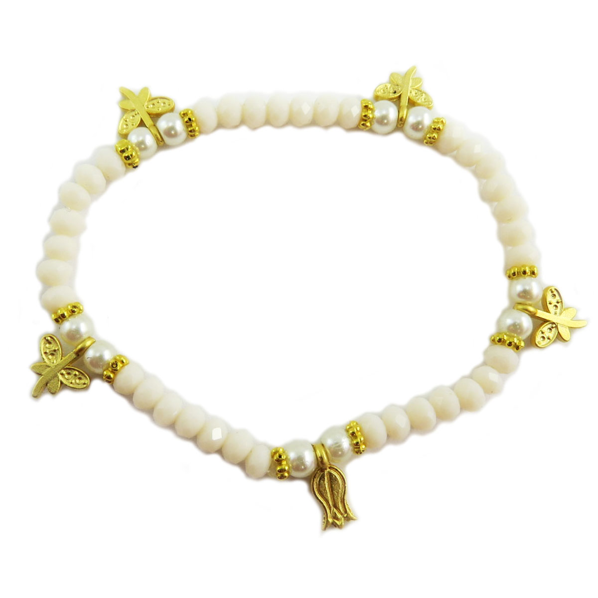 Bracelet artisanal \'Cléopatra\' blanc doré - motif 8 mm - [Q5617]