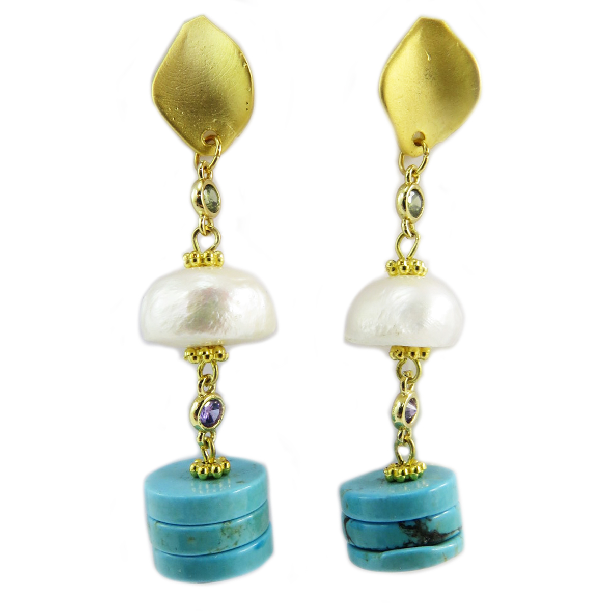 Boucles artisanales \'Cléopatra\' turquoise blanc doré - 55x12 mm - [Q5644]