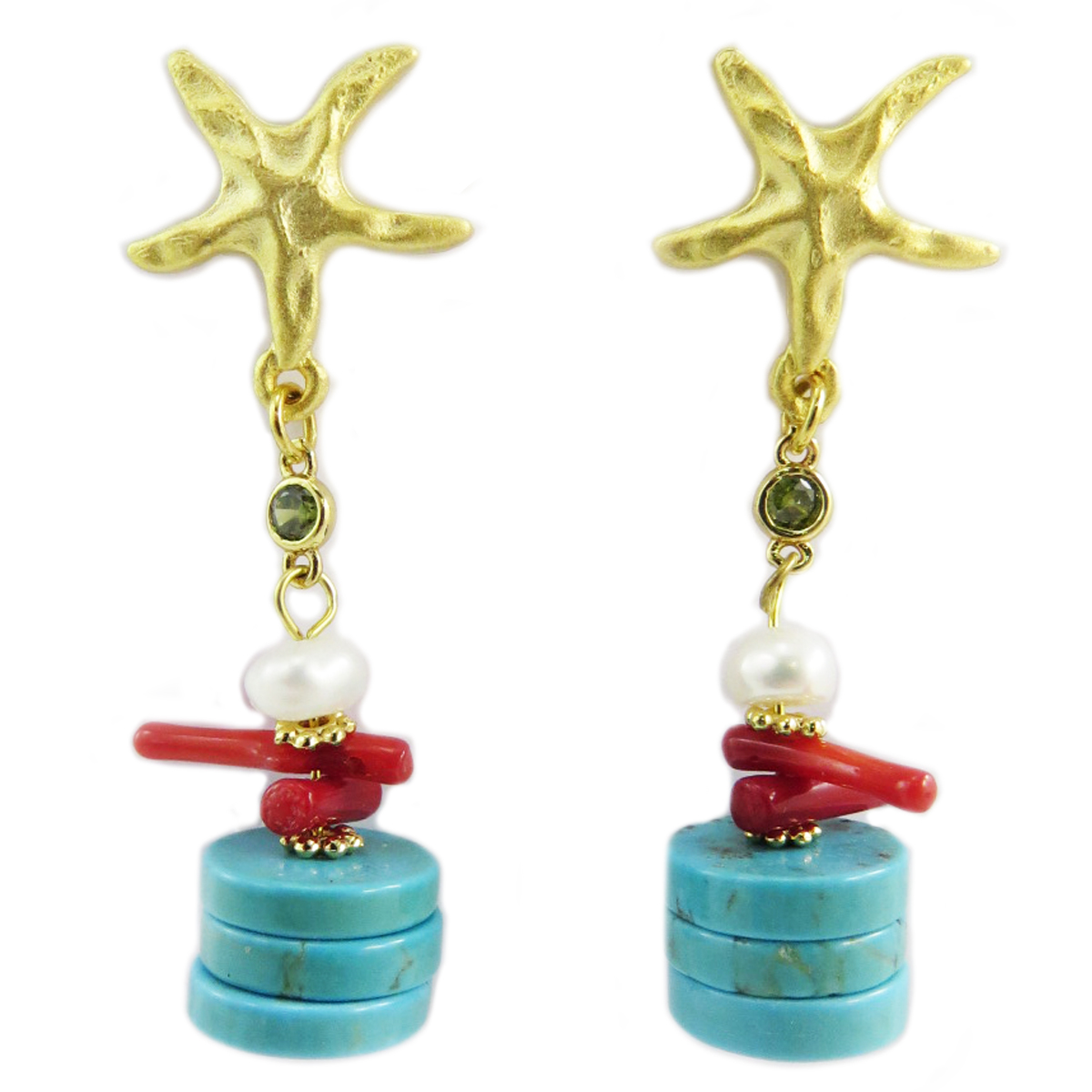 Boucles artisanales \'Cléopatra\' turquoise corail doré - 50x15 mm - [Q5649]