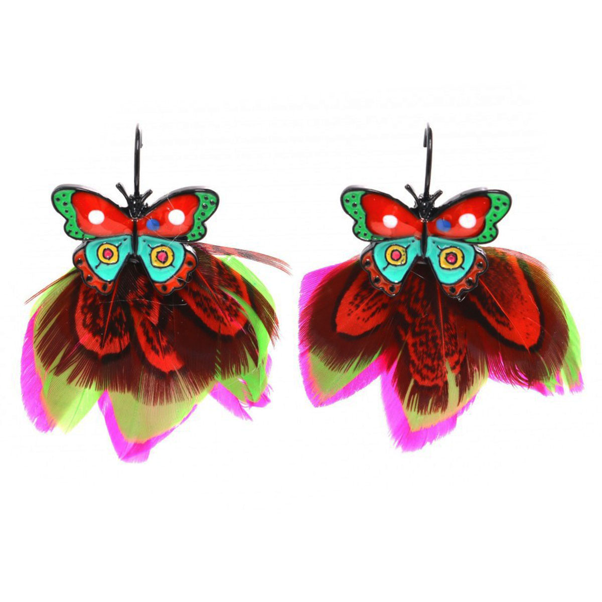 Dormeuses créateur \'Lilipoupettes\' (papillon) rouge vert multicolore - 38x38 mm - [Q5814]