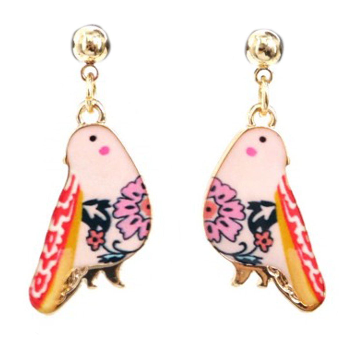 Boucles Créateur \'Oiseaux\' rose multicolore doré - 23x15 mm - [Q5840]