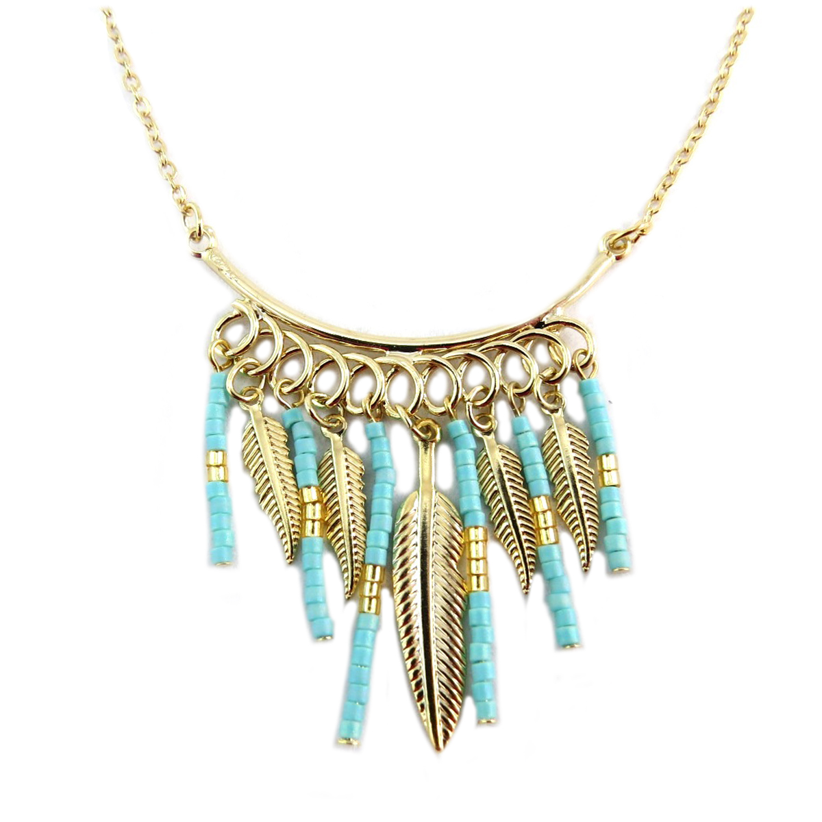 Collier artisanal \'Boho\' turquoise doré (plumes) - 40x35 mm - [Q6245]