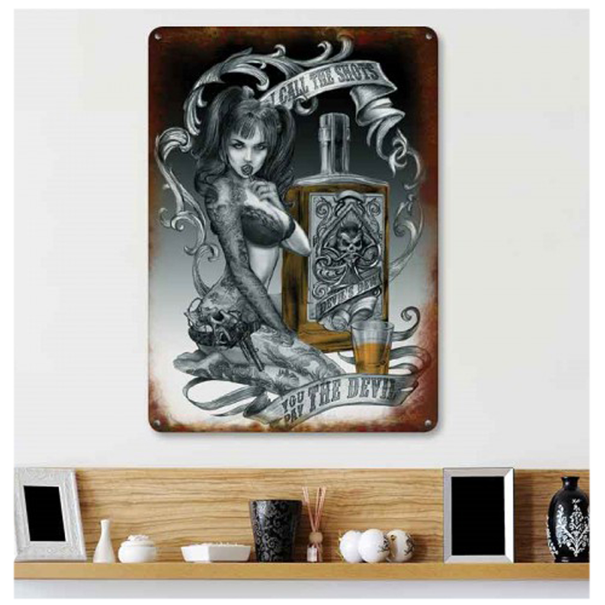 Plaque métal rétro \'You pay the Devil\' tête de mort - 40x30 cm - [Q7124]