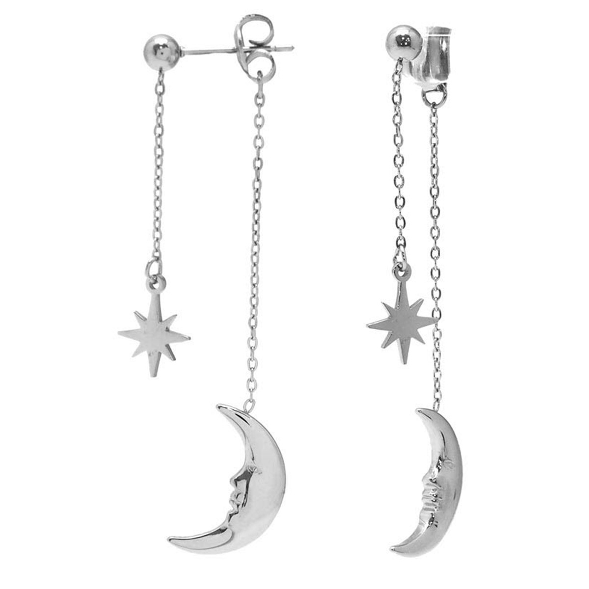 Boucles créateur acier \'Lune Etoilée\' argenté - 6 cm, lune 16x11 mm - [Q8534]