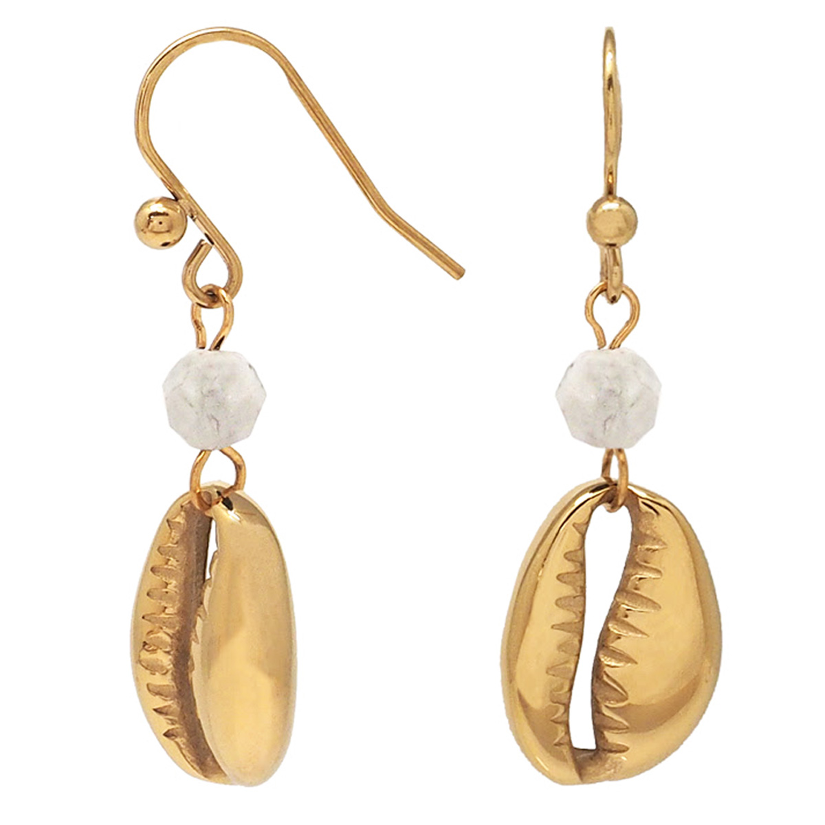Boucles d\'oreilles créateur acier \'Cowrie\' blanc doré - 25x10 mm - [Q8555]