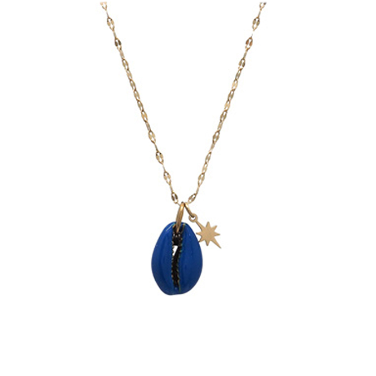 Collier créateur acier \'Cowrie\' bleu doré - 20x13 mm - [Q8604]