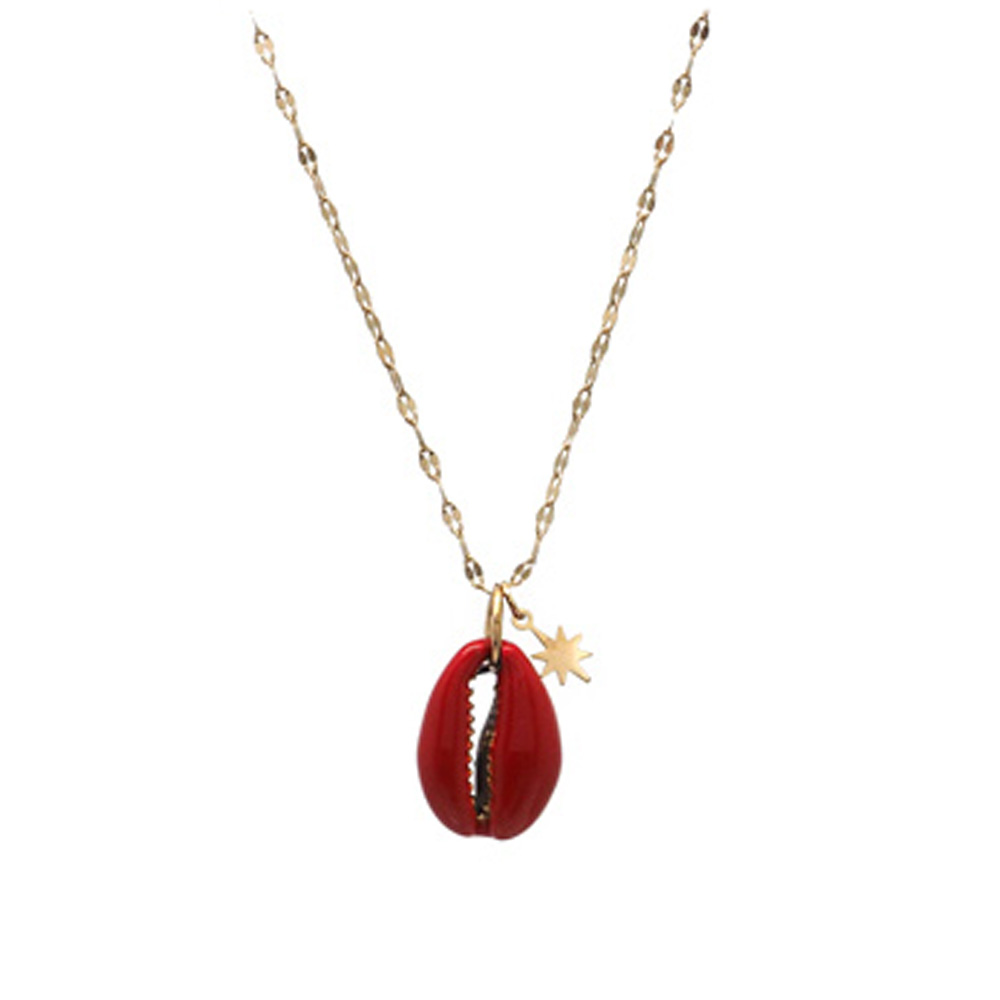 Collier créateur acier \'Cowrie\' rouge doré - 20x13 mm - [Q8605]