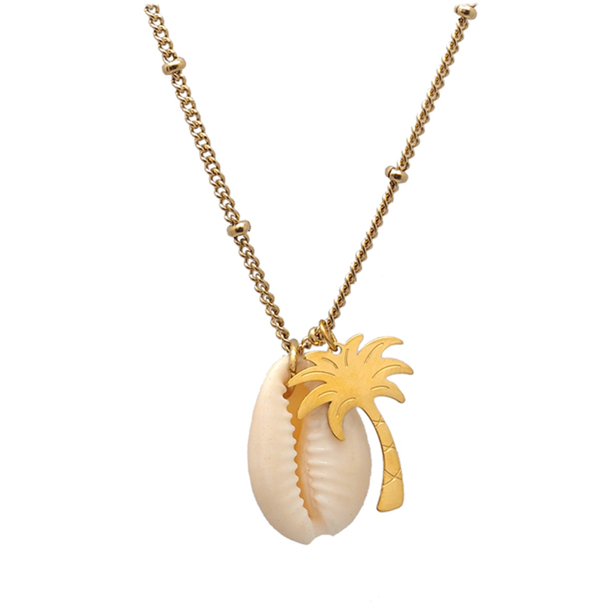 Collier créateur acier \'Cowrie\' argenté - cowrie 18x12 mm, palmier 20x15 mm - [Q8618]