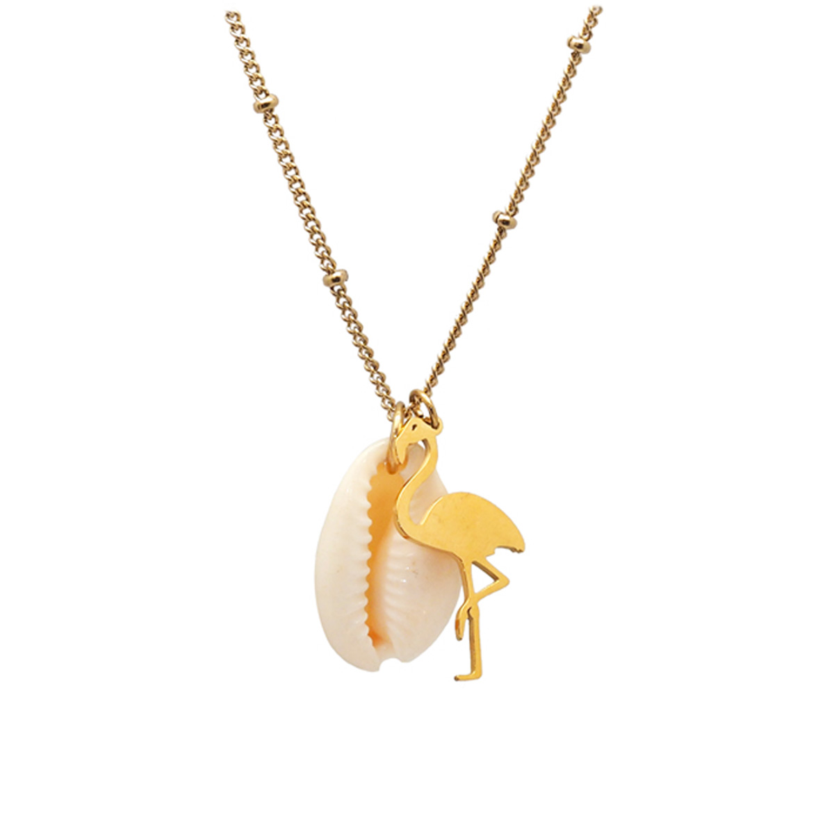 Collier créateur acier \'Cowrie\' argenté - cowrie 18x12 mm, flamant rose 25x15 mm - [Q8619]