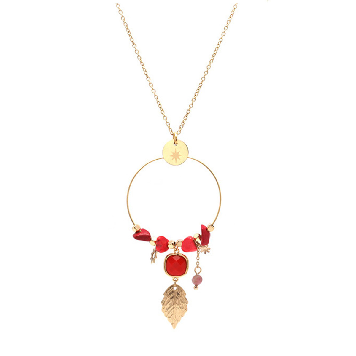 Collier créateur acier \'Boho\' rouge doré - 65x35 mm - [Q8631]