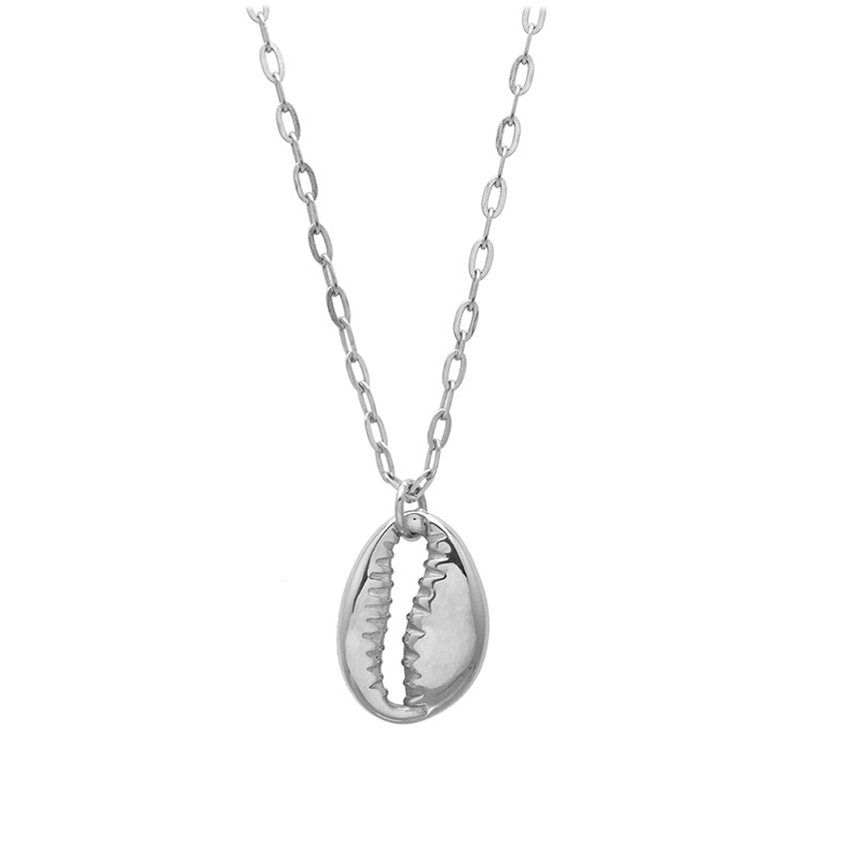 Collier créateur acier \'Cowrie\' argenté - 55 cm, 23x17 mm - [Q8643]