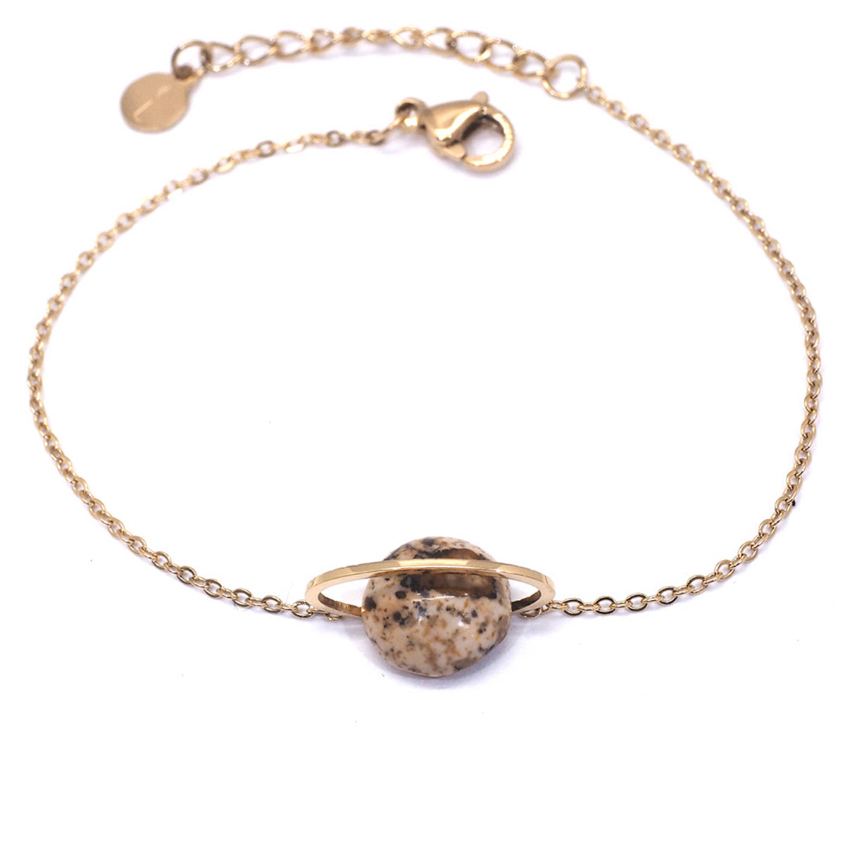 Bracelet créateur Acier \'Boho\' jaspe doré (saturne) - 17x10 mm - [Q8663]