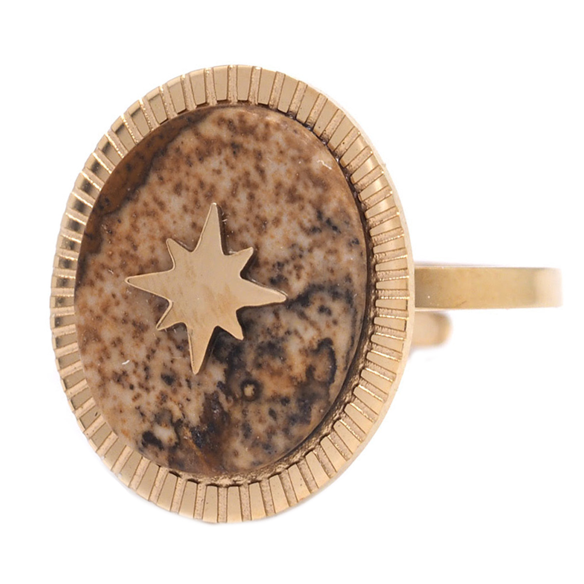 Bague créateur acier \'Une Etoile est Née\' jaspe doré - 17x14 mm - [Q8737]