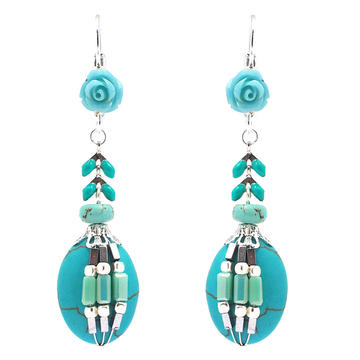 Dormeuses Créateur \'Acapulco\' turquoise argenté - 50x15 mm - [Q8748]