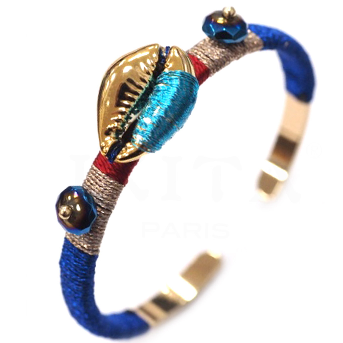 Bracelet Créateur \'Cowrie\' bleu doré - 58 mm, 20x13 mm - [Q8773]