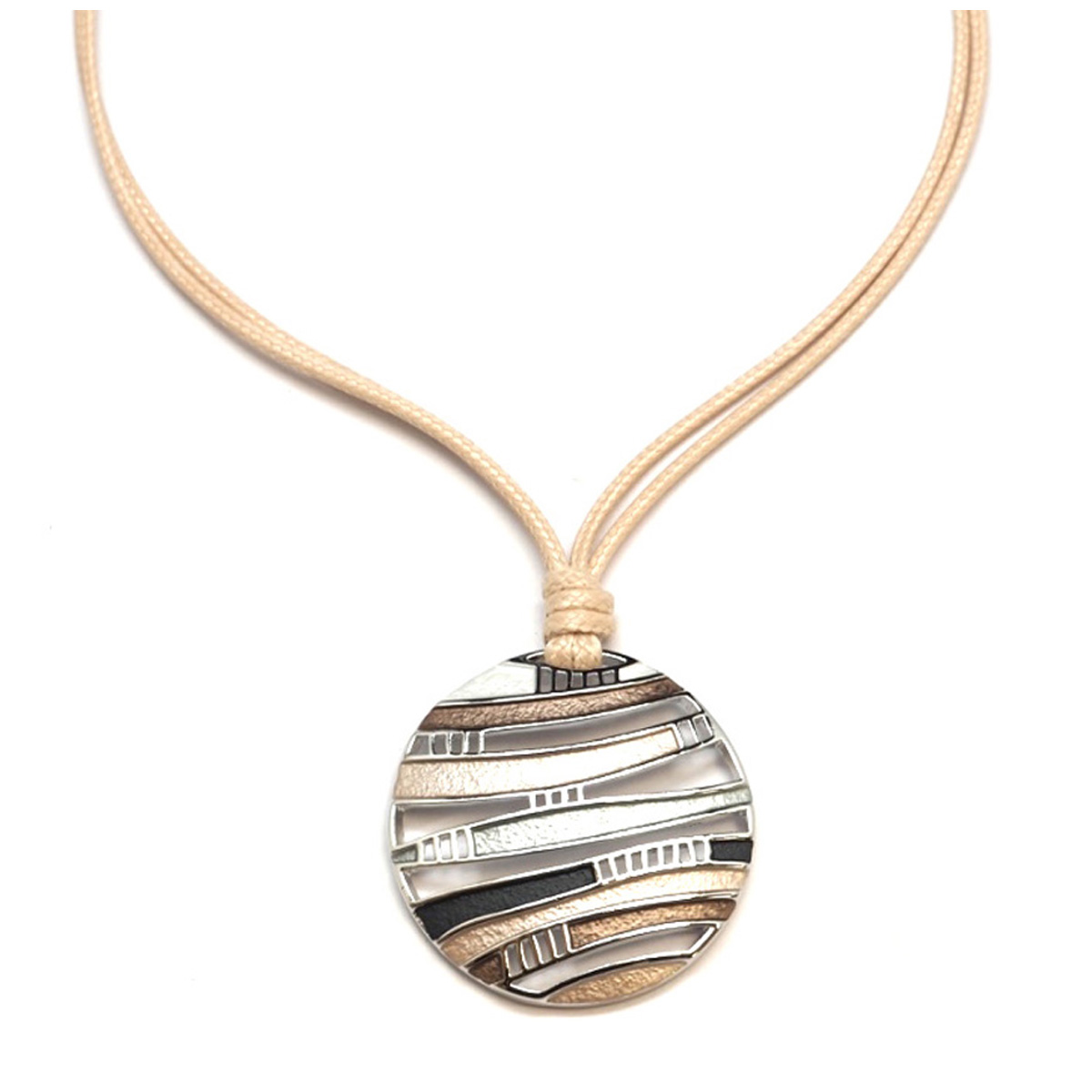 Collier Créateur \'Acapulco\' taupe beige argenté - 45 mm - [Q8782]