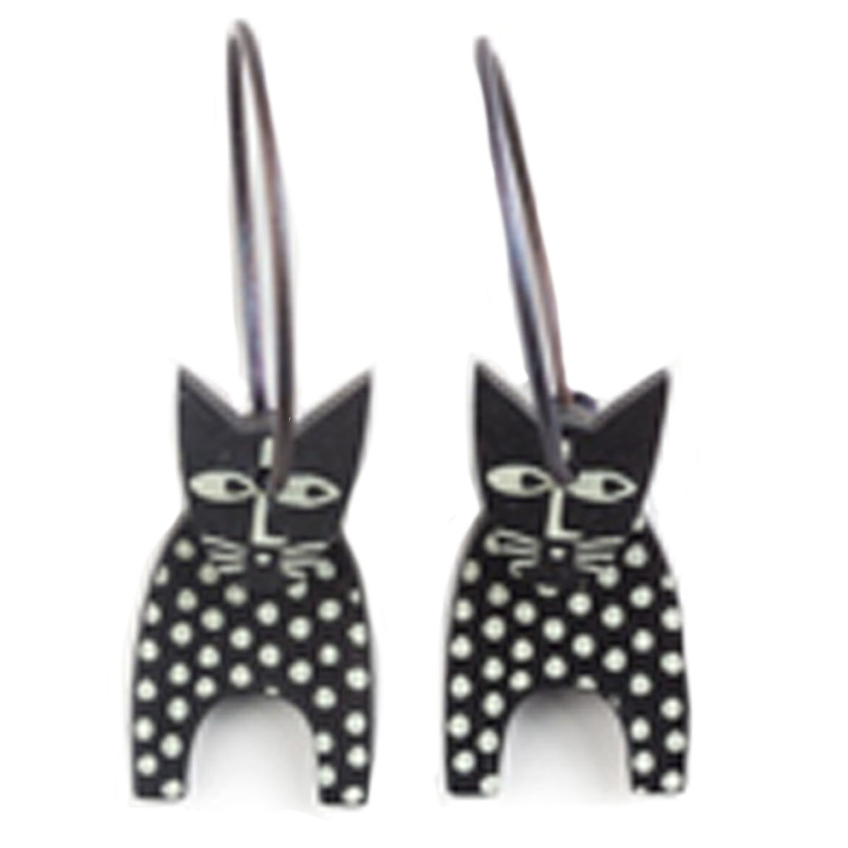 Créoles artisanales \'Marionettes\' noir blanc (chat) - 18 mm, 20x10 mm - [Q9707]