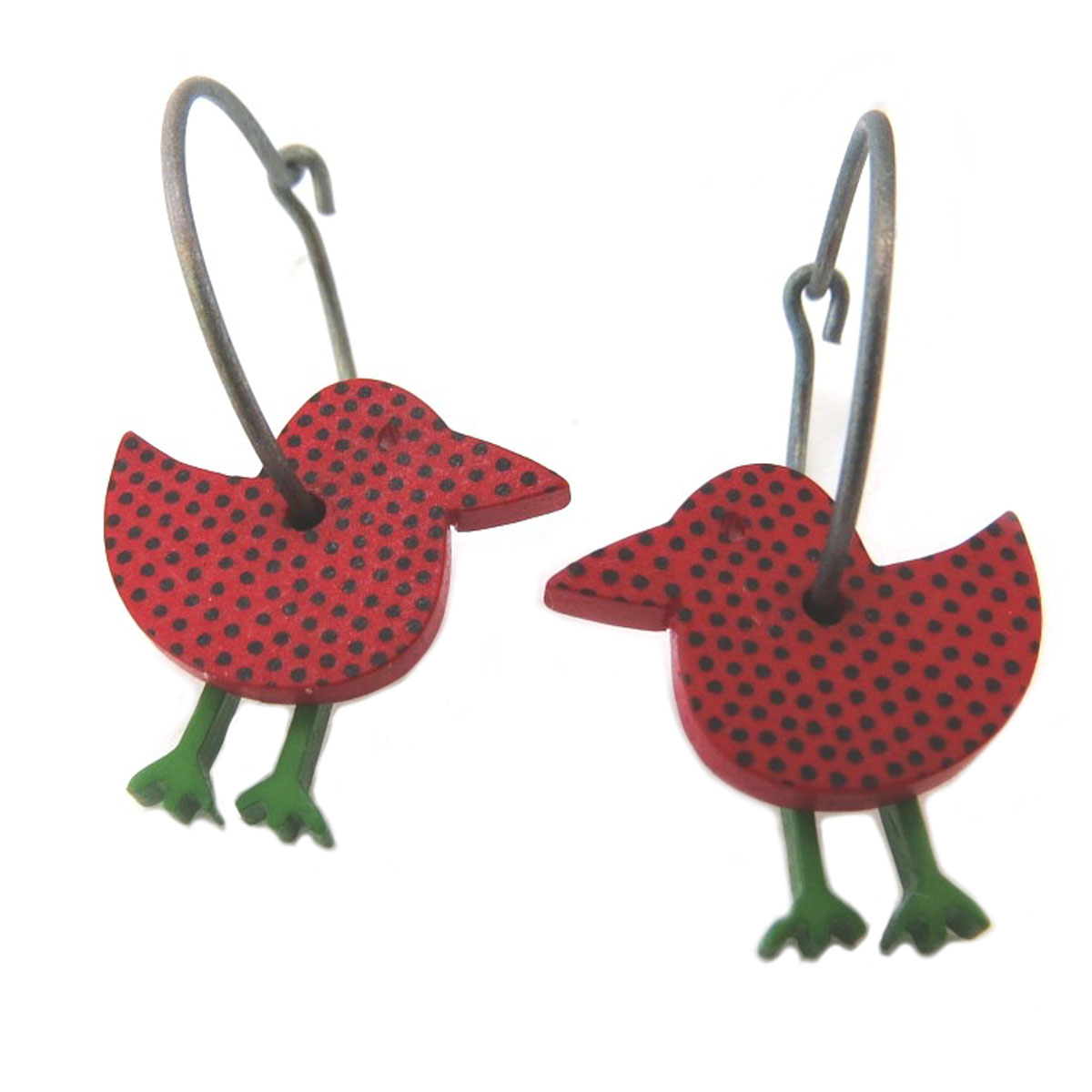 Créoles artisanales \'Marionettes\' rouge vert (canard) - 18 mm, 17x15 mm - [Q9725]