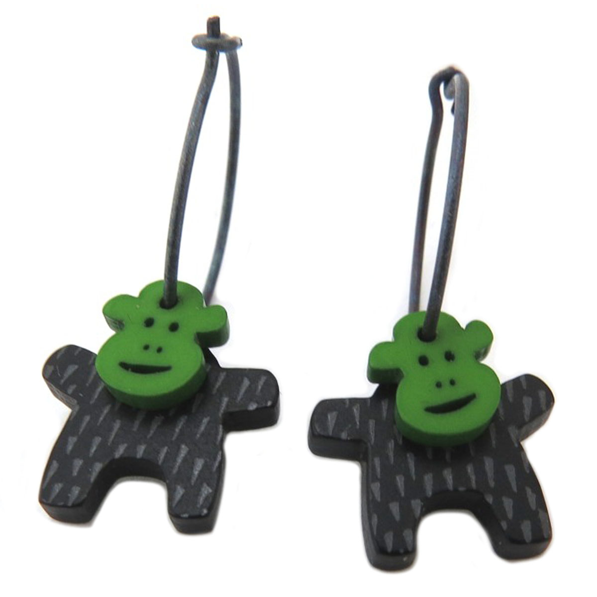 Créoles artisanales \'Marionettes\' vert noir (singe) - 18 mm, 15x14 mm - [Q9726]