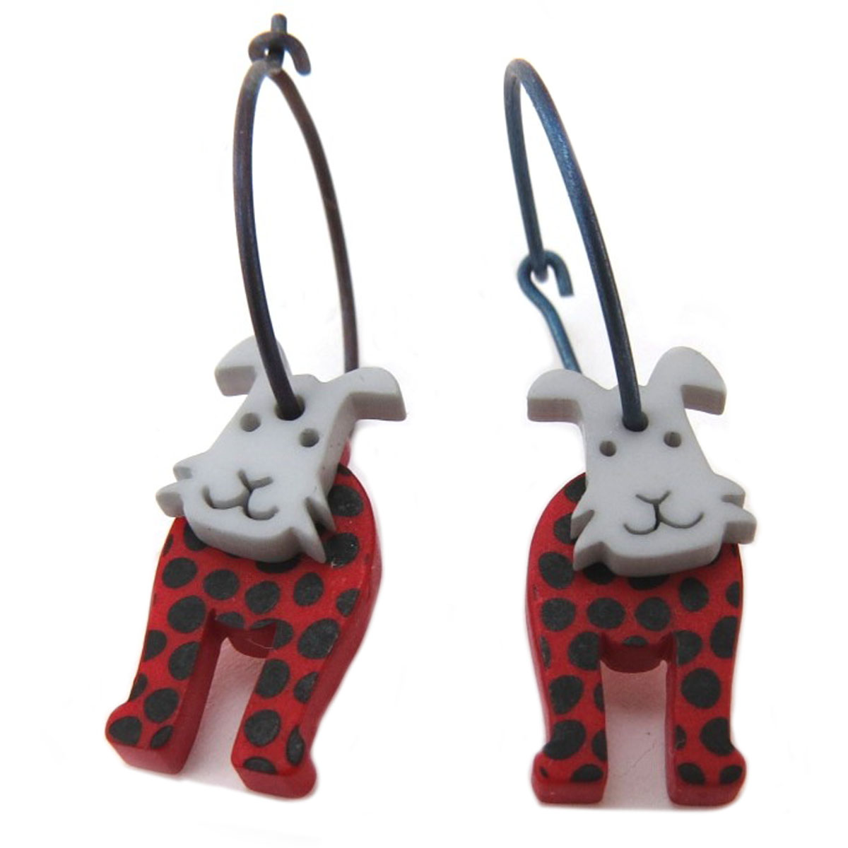 Créoles artisanales \'Marionettes\' rouge gris (chien) - 18 mm, 20x10 mm - [Q9727]