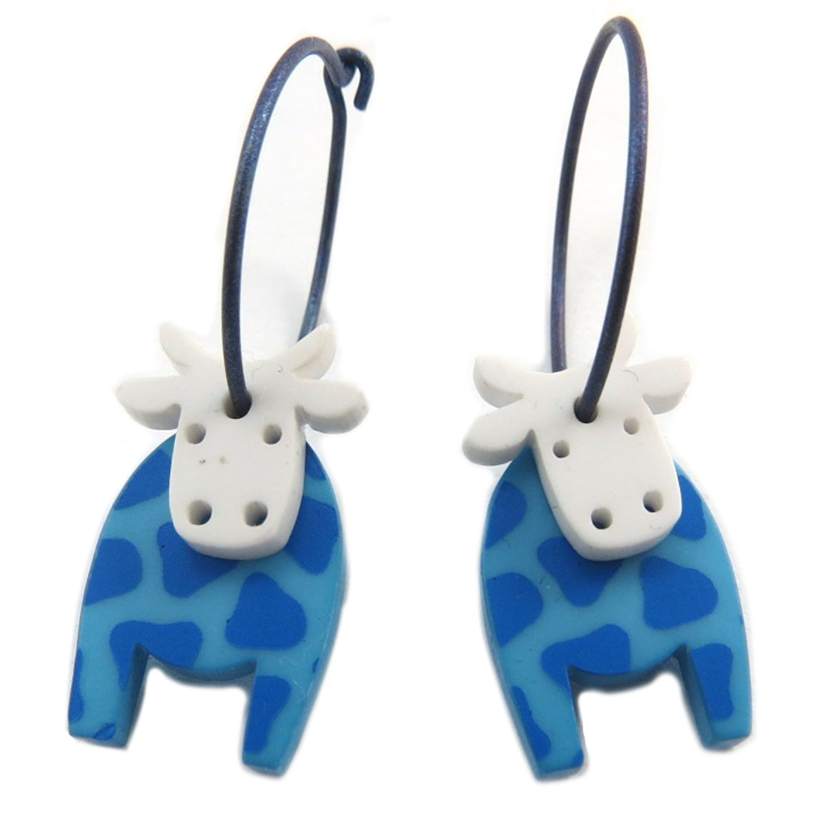Créoles artisanales \'Marionettes\' bleu gris (vache) - 18 mm, 20x11 mm - [Q9729]