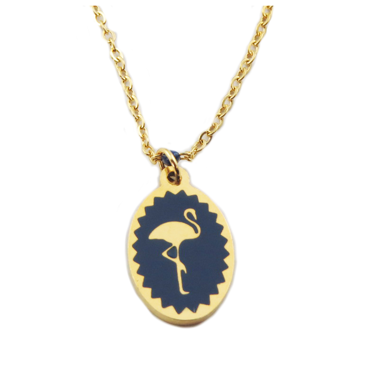 Collier créateur acier \'Flamant Rose\' marine doré - 15x10 mm - [R0188]