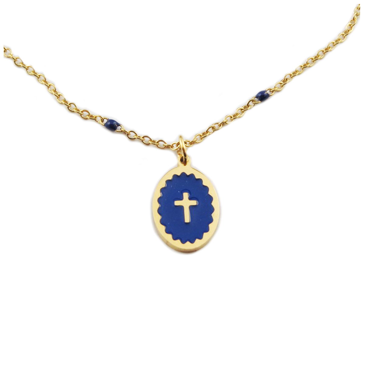 Collier créateur acier \'Croix\' marine doré - 15x10 mm - [R0190]