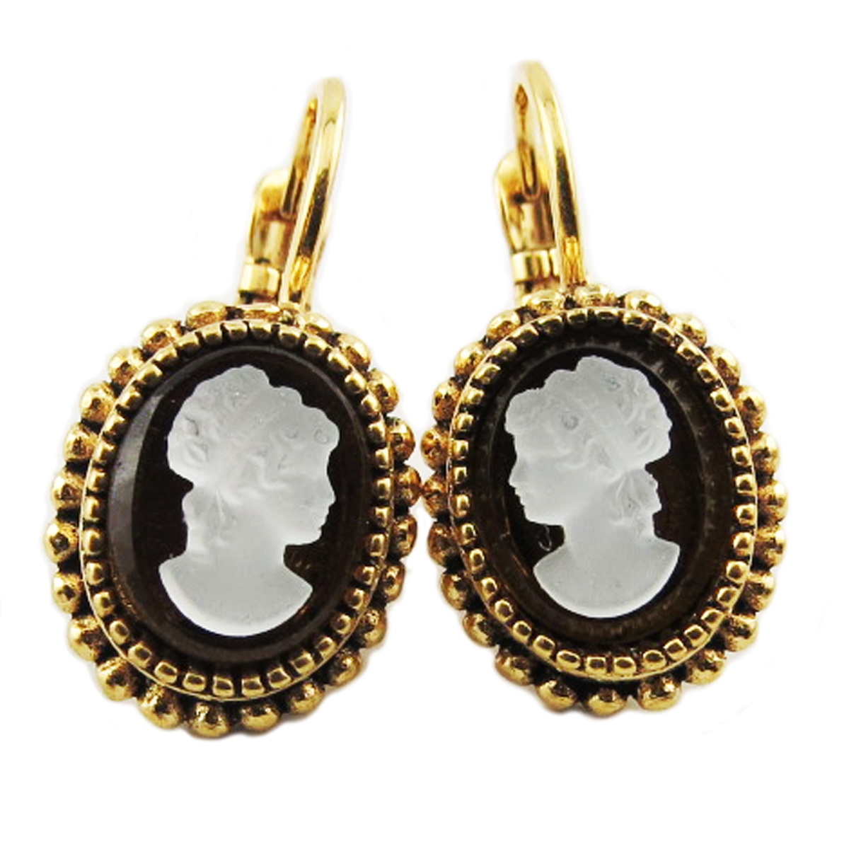 Dormeuses artisanales \'Divine Camée\' noir doré - 13x12 mm - [R0522]