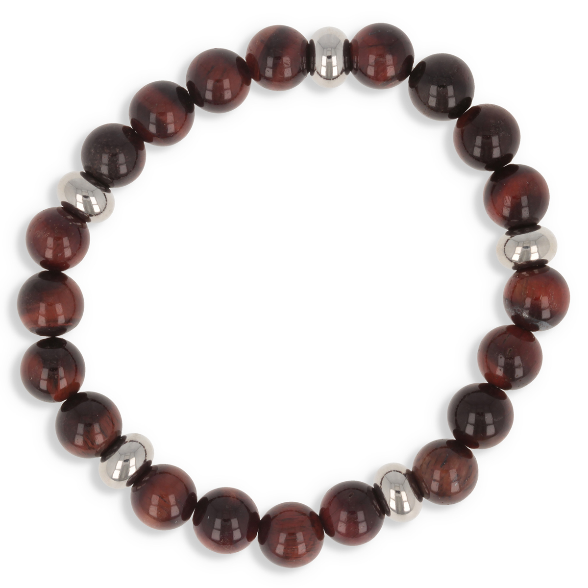 Bracelet acier \'Minéralia\' marron rouge (oeil de tigre) - 8 mm - [R0674]