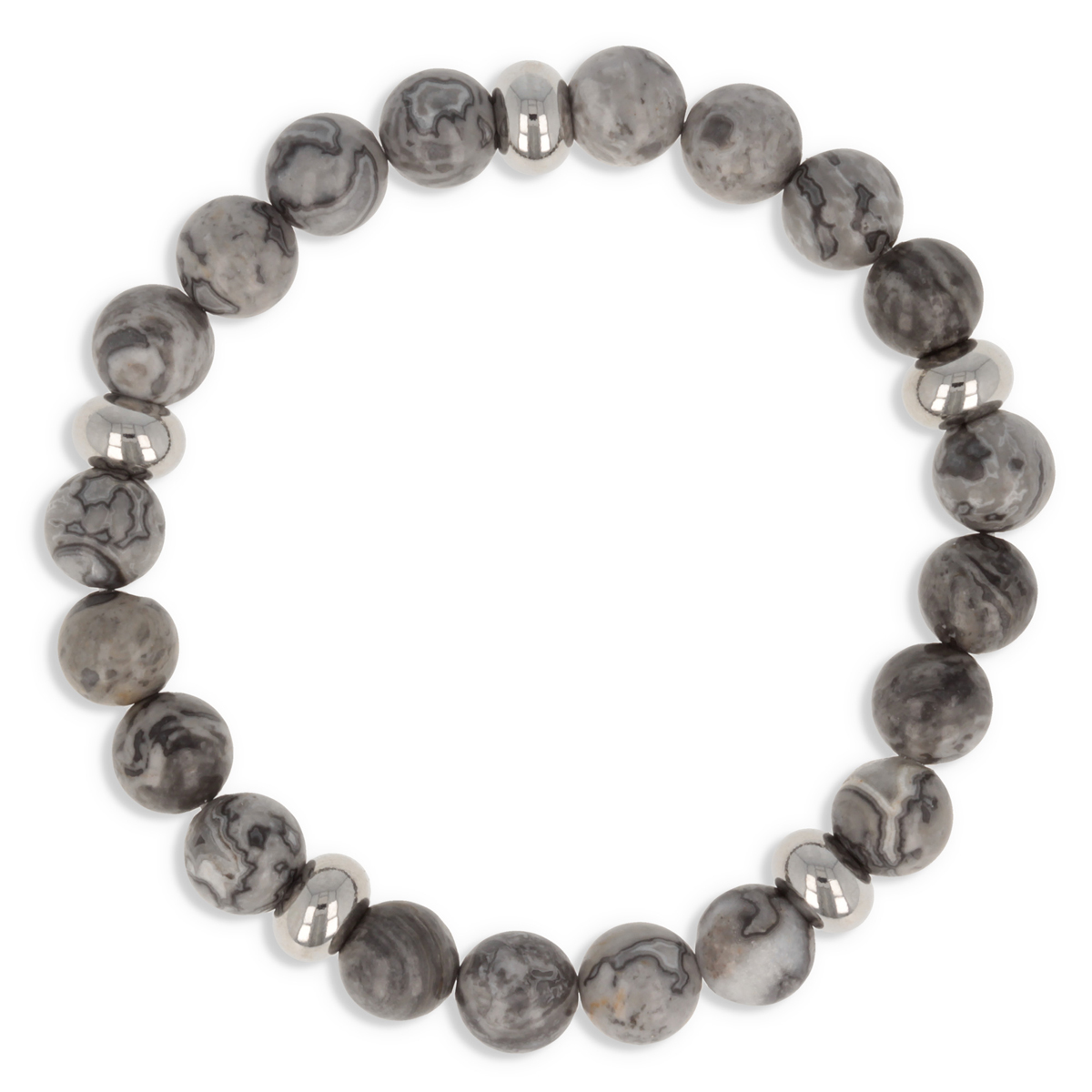 Bracelet acier \'Minéralia\' gris (quartz) - 8 mm - [R0675]