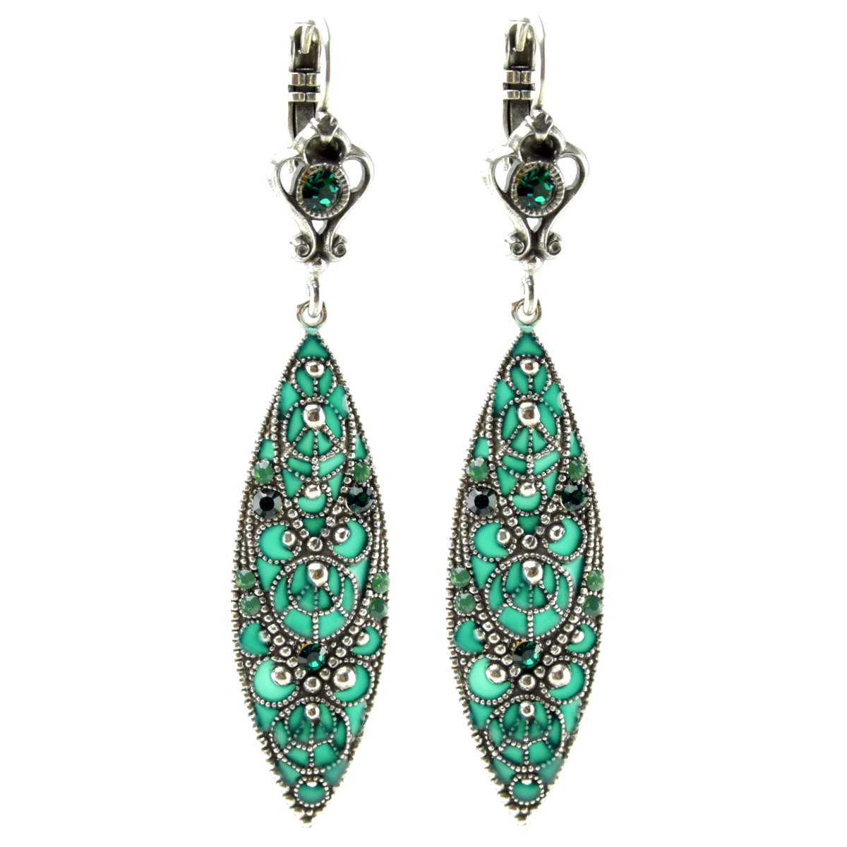 Boucles d\'oreilles artisanales \'Médicis\' vert argenté - 60x13 mm - [R0748]