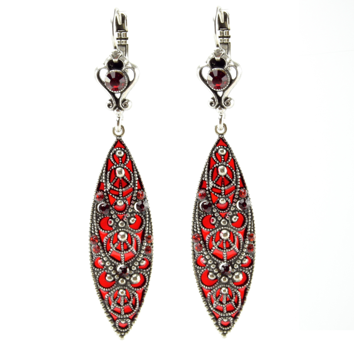Boucles d\'oreilles artisanales \'Médicis\' rouge argenté - 60x13 mm - [R0771]