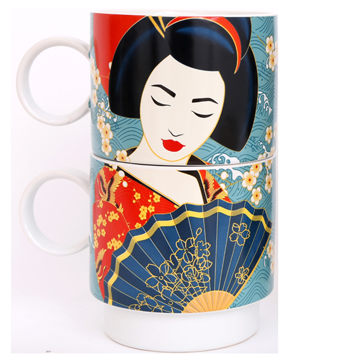 Set 2 mugs porcelaine empilables \'Geisha\' turquoise rouge - 10x75 cm - [R0912]