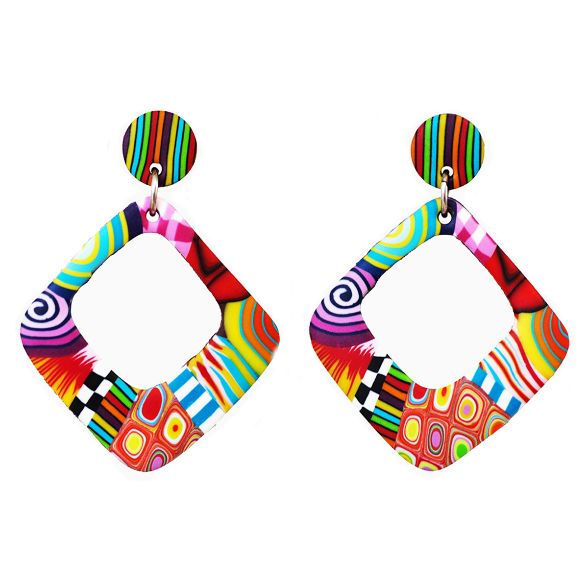 Boucles d\'oreilles artisanales \'Colombine & Arlequin\' multicolore - 50x37 mm - [R1051]