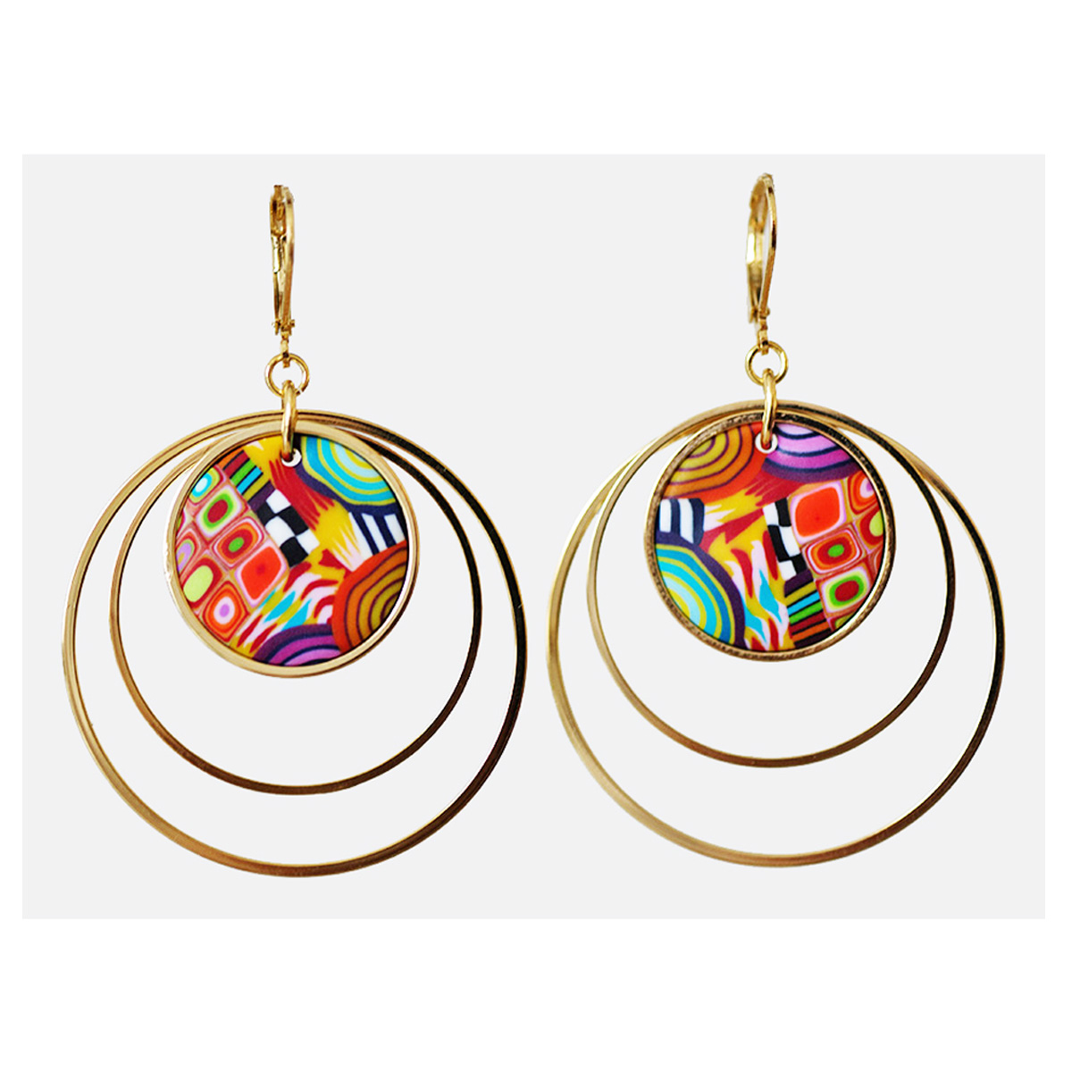 Dormeuses d\'oreilles artisanales \'Colombine & Arlequin\' multicolore doré - 40 mm - [R1054]