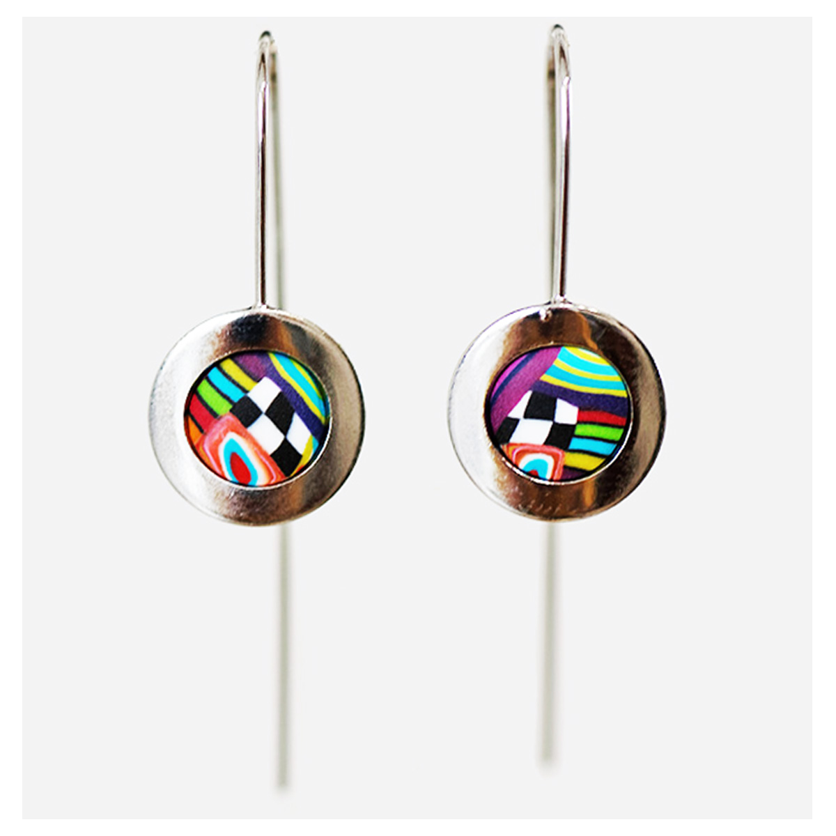 Boucles d\'oreilles artisanales \'Colombine & Arlequin\' multicolore argenté - 14 mm - [R1058]