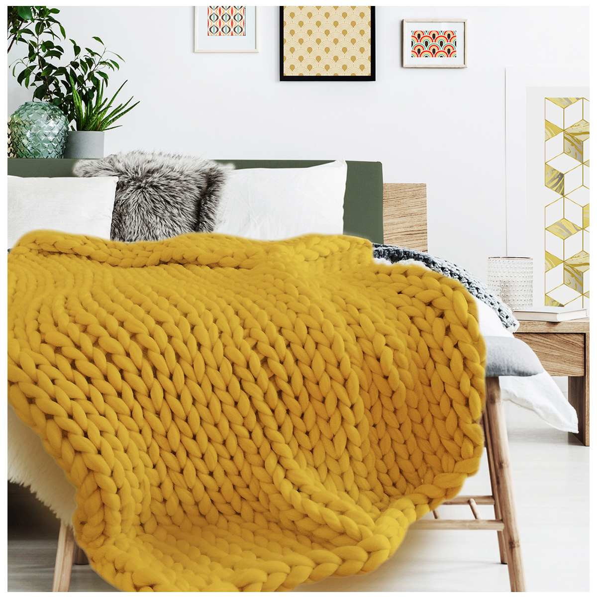 Plaid acrylique \'Chunky Knit\' ocre moutarde (tricot) - 150x120 cm - [R1075]
