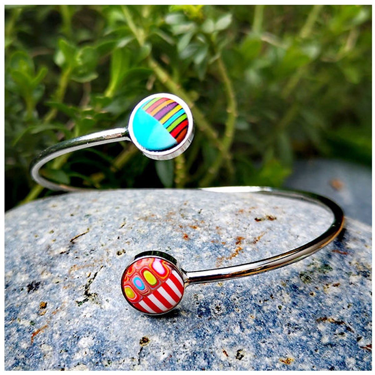 Bracelet artisanal \'Colombine & Arlequin\' multicolore argenté - 60 mm, 10 mm - [R1180]