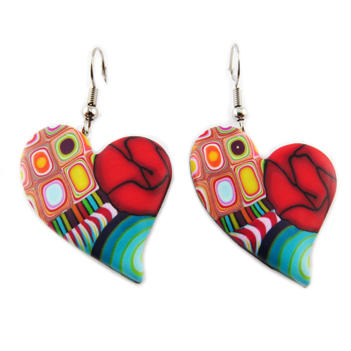 Boucles d\'oreilles artisanales \'Colombine & Arlequin\' multicolore (coeur) - 33x25 mm - [R1203]