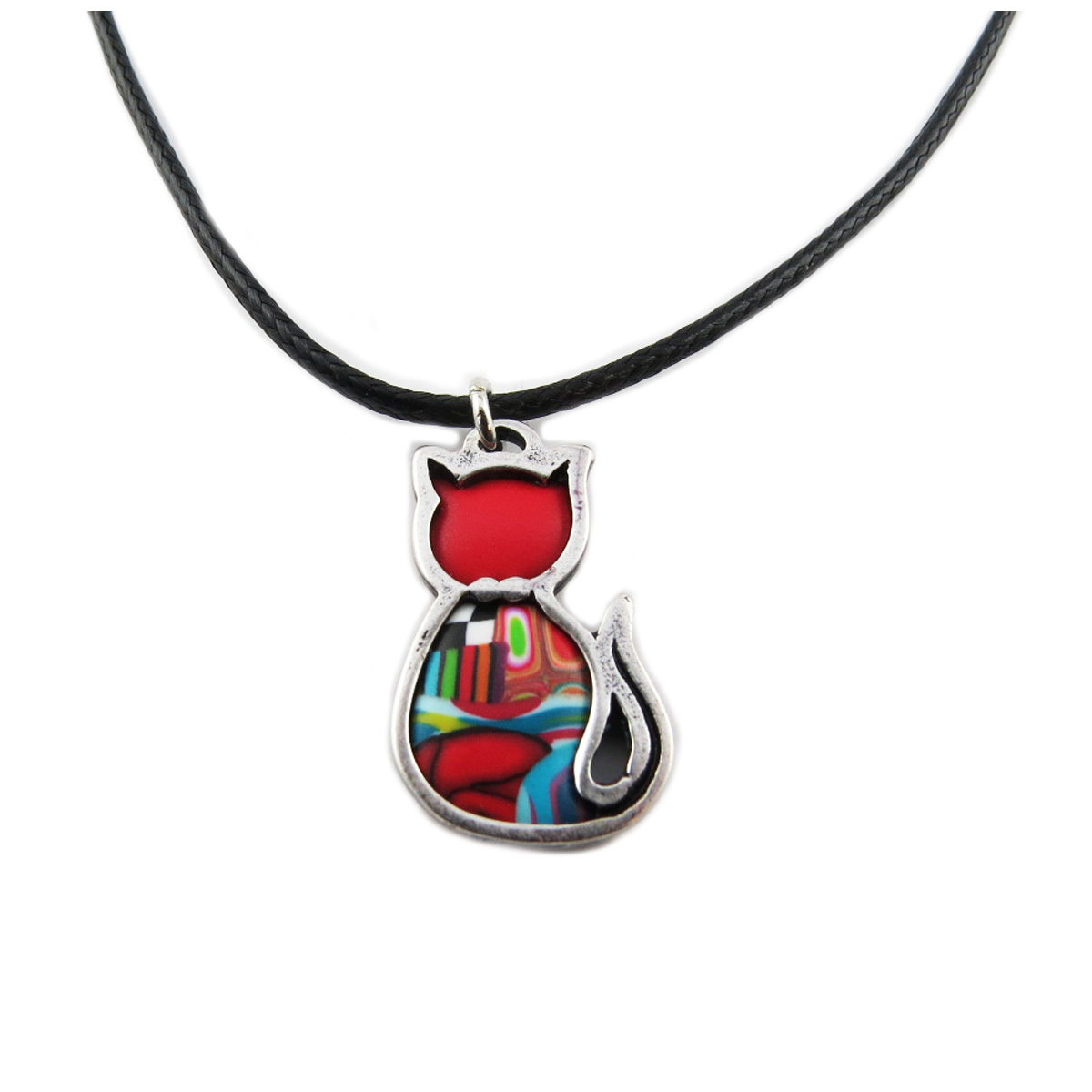 Collier artisanal \'Colombine & Arlequin\' rouge multicolore argenté - 22x15 mm (chat) - [R1262]