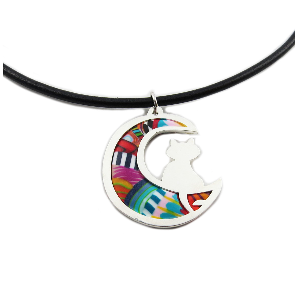 Collier artisanal \'Colombine & Arlequin\' multicolore argenté \'chat au clair de lune) - 33x30 mm - [R1278]