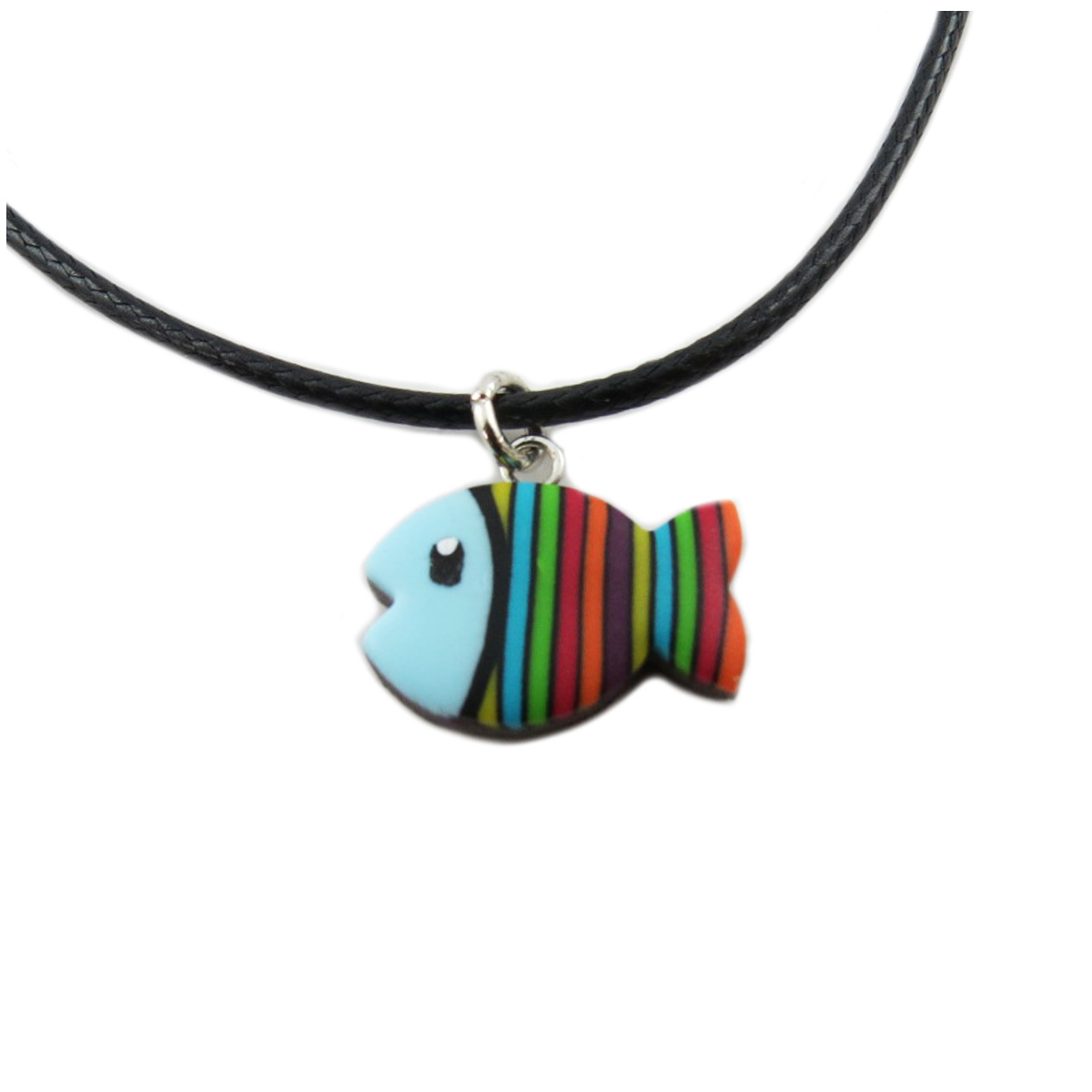 Collier artisanal \'Colombine & Arlequin\' bleu multicolore - 16x11 mm (poisson) - [R1313]