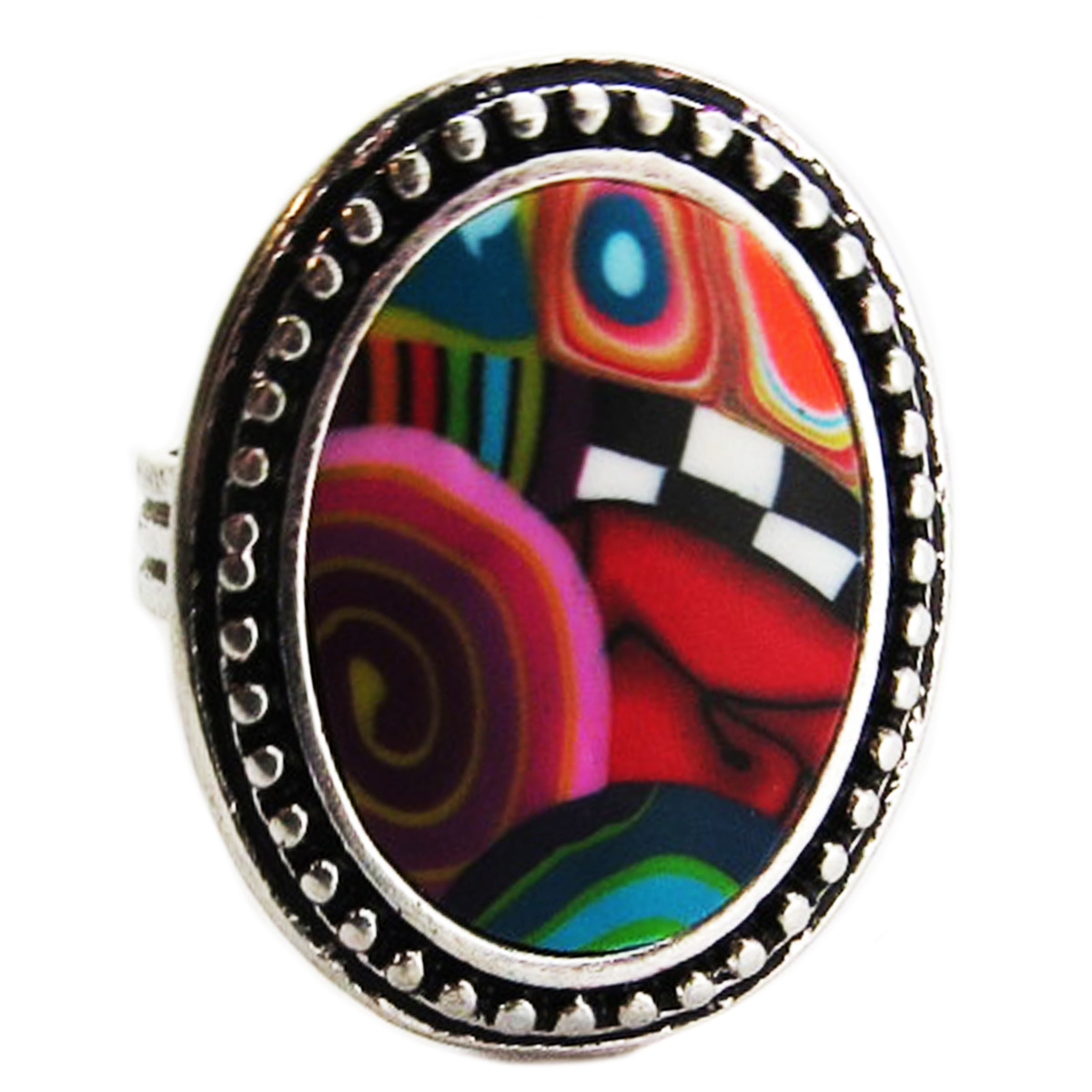 Bague artisanale \'Colombine & Arlequin\' multicolore argenté - 27x22 mm - [R1318]
