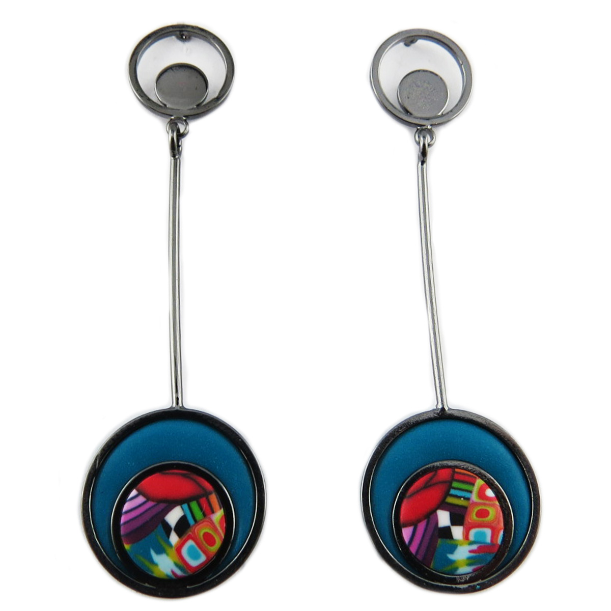 Boucles d\'oreilles artisanales \'Colombine & Arlequin\' bleu multicolore - 65x18 mm - [R1321]
