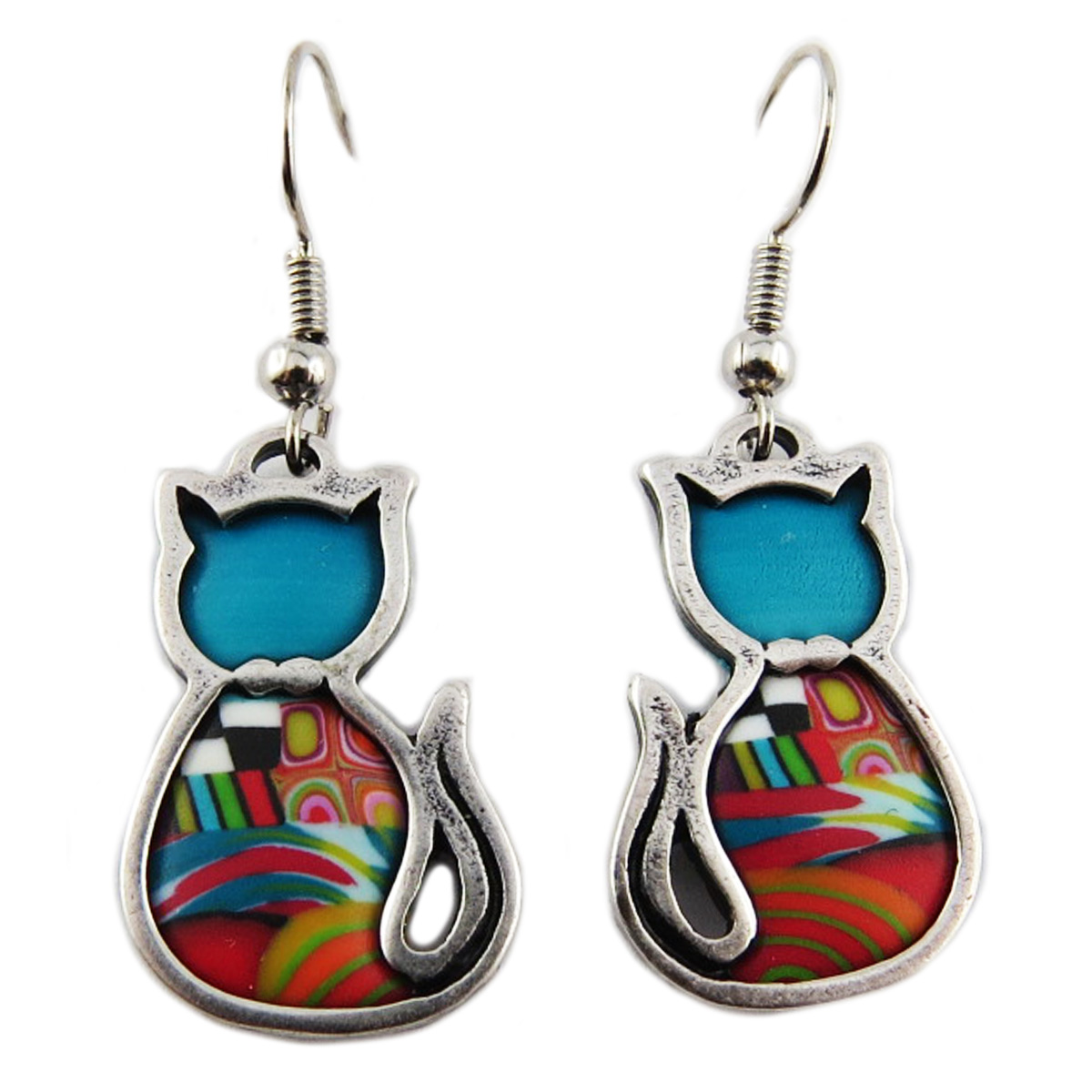 Boucles d\'oreilles artisanales \'Colombine & Arlequin\' bleu multicolore argenté (chats) - 22x16 mm - [R1325]