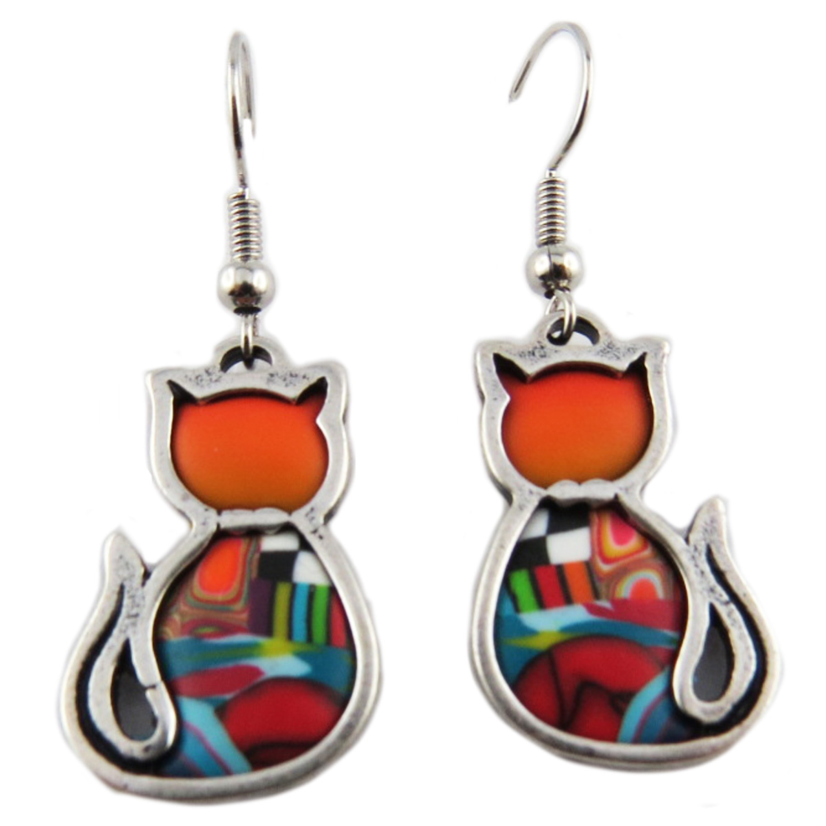 Boucles d\'oreilles artisanales \'Colombine & Arlequin\' orange multicolore argenté (chats) - 22x16 mm - [R1327]