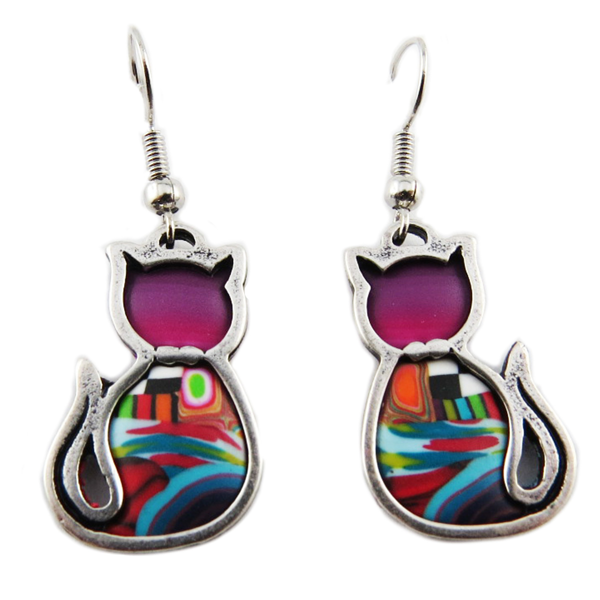 Boucles d\'oreilles artisanales \'Colombine & Arlequin\' violet multicolore argenté (chats) - 22x16 mm - [R1328]